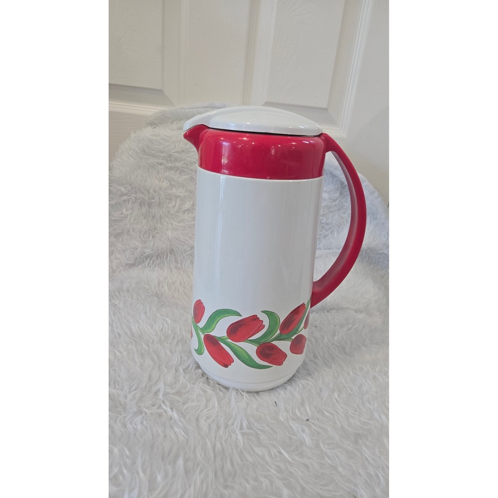 Ekco Housewares Thermal Carafe Vintage Red Tulip Floral Insulated Pitcher White